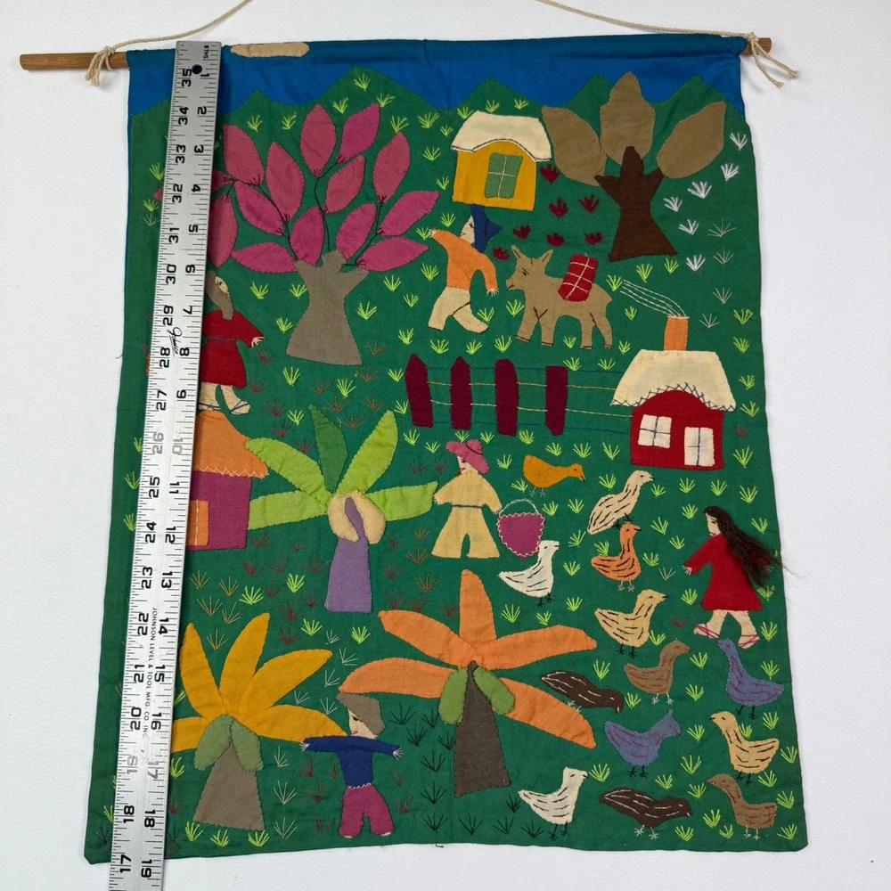 Vintage Peruvian Arpillera Folk Art Wall Hanging Handmade Village Scene 18x14.5